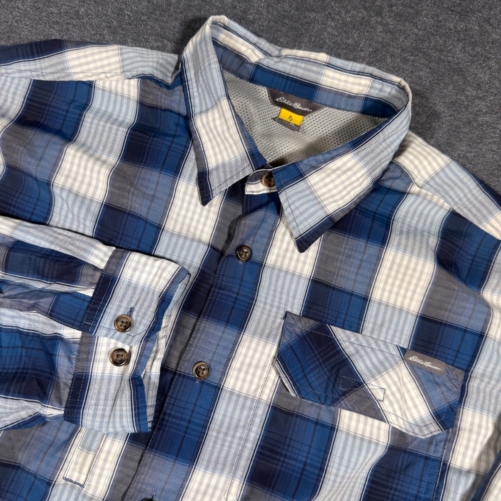 Eddie Bauer Button Up Shirt Mens XL Blue Plaid Long Sleeve Vented Trail Outdoor